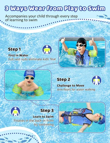 Vista 4 de Vvinca Toddler Swim Vest for Kids 24-50lbs,Toddler Floaties Puddle Pool Float Jumper 24-30-50 Pounds for Girls Boys Ages 1-5 with Detachable Arm