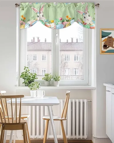 Vista 3 de Cenefa de primavera con amarre para ventanas de cocina, cenefas de cortina con lindos huevos coloridos de conejo, 42 x 12 pulgadas, 1 panel