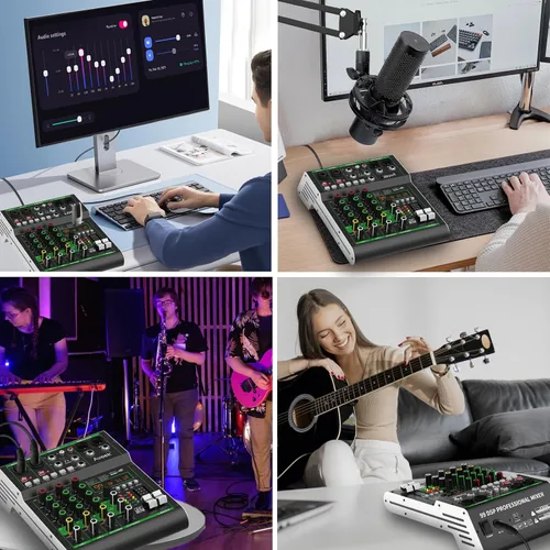 Vista 8 de Mezclador de audio Aveek, mezclador de 4 canales con Bluetooth y grabación USB DJ Mixing Console with 99 DSP Effects, 48V Phantom Power, PC