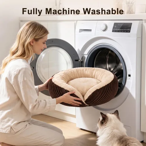 Vista 9 de Tovve Cama para gatos en interiores, sofá cama redonda lavable para gatitos Marrón
