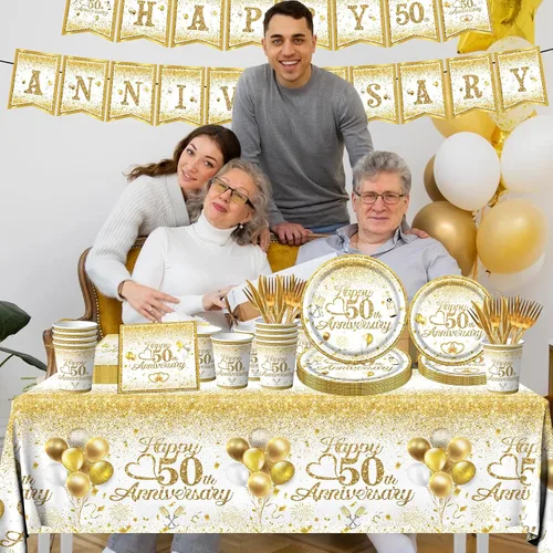 Vista 4 de Decoraciones de 50 aniversario: juego de vajilla Happy 50th con platos y servilletas con purpurina blanca y dorada para saludos a 50 años