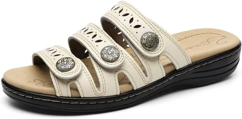 Vista 2 de Sandalias de cuero cómodas para mujer, ligeras, planas, bonitas, sin cordones, informales, para caminar Beige