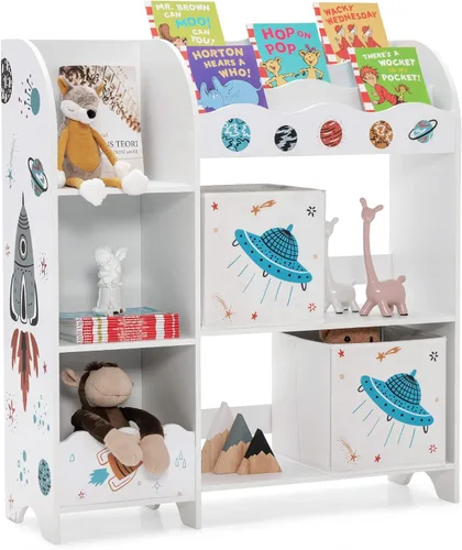 Vista 10 de Costzon Organizador de juguetes y libros para niños, estantería de almacenamiento de madera con 5 estantes abiertos, 2 cajas de almacenamiento y 3