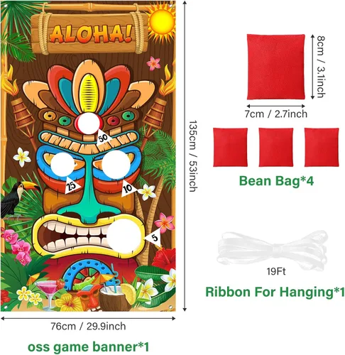 Vista 2 de Luau Party Games Hawaiian Tiki Party Toss Games Banner con 3 bolsas de frijoles, decoración de tótem para suministros de carnaval tropical de verano
