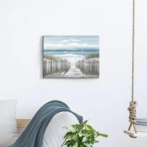 Vista 4 de Lienzo decorativo para pared, camino de playa: camino de arena con pintura de valla a la costa, impresiones artísticas para baño