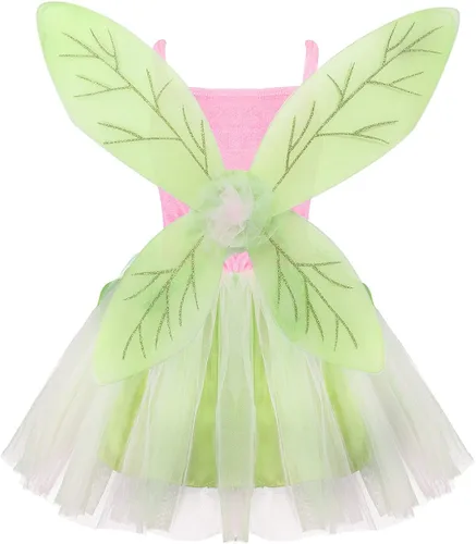 Vista 2 de ACSUSS Disfraz de princesa de hada verde para niñas con volantes vestido de baile de satén tutú