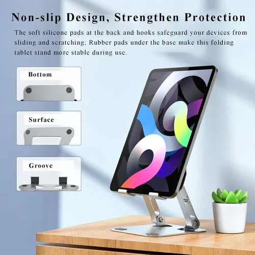 Vista 4 de Sokelinn-six Soporte para tablet de aluminio, soporte de doble varilla ajustable plegable para tablet para escritorio, compatible con teléfono
