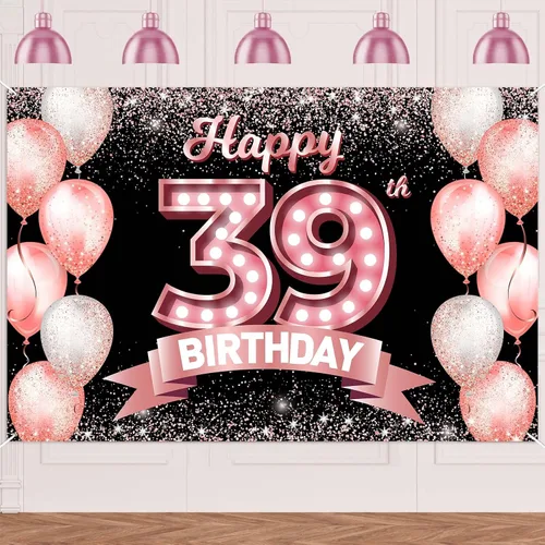 Vista 329 de Cartel de feliz cumpleaños décimo oro rosa, telón de fondo, saludos a 10 años, globos de confeti, decoración temática para niñas de 10 años