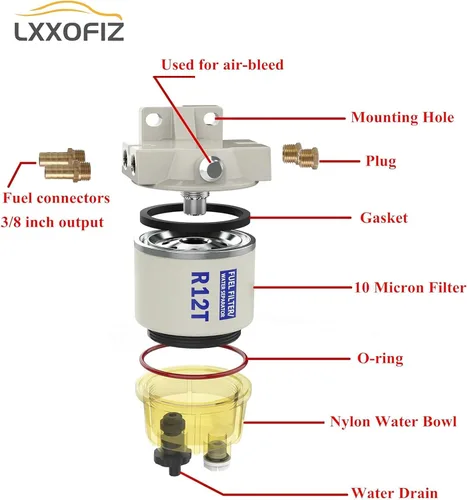 Vista 5 de Kit completo de separador de agua con filtro de combustible marino para fueraborda R12T con NPT ZG1/4-19 reemplaza a Racor S3240 120AT R12T