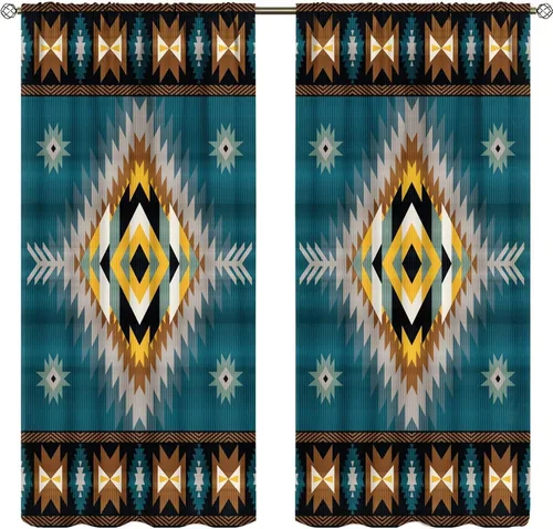 Vista 230 de Cortinas con patrón geométrico tribal, estilo suroeste, azteca, rústico, occidental, nativo americano, opacas, con bolsillo para barra, decoración