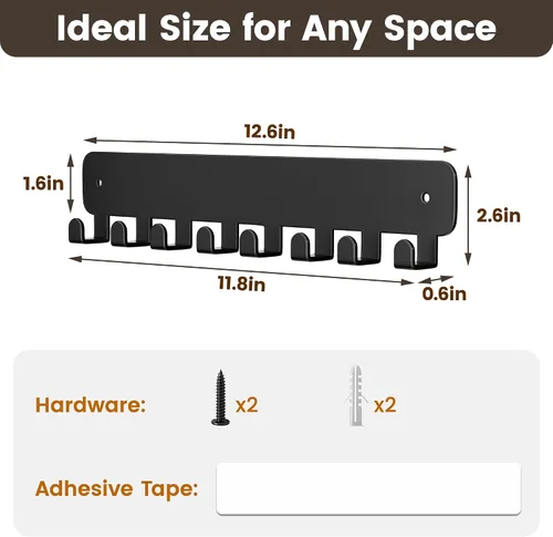 Vista 7 de pickpiff Soporte para llaves de pared, soporte adhesivo para llaves con 8 ganchos para llavero de automóvil, organizador de llavero de metal, negro
