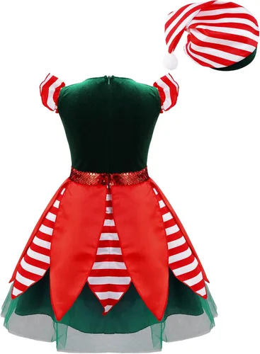 Vista 2 de YiZYiF Vestido de Navidad para niños, disfraz de elfo, terciopelo de manga larga, Papá Noel, juego de rol, vestidos de fiesta