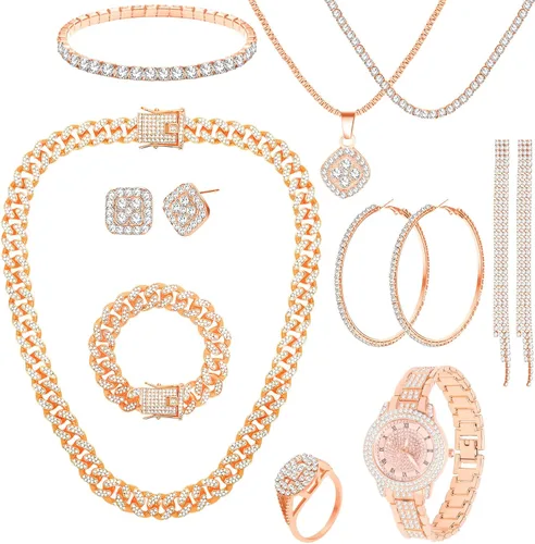 Vista 8 de NEWITIN 13 Pcs Silver Jewelry Set for Women Bling Diamond Cuban Jewelry Set Conjunto de joyas de plata