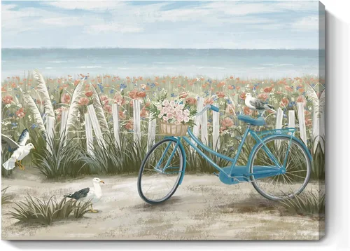 Vista 13 de Arte de pared para decoración de baño, imagen de playa azul, tema oceánico, impresión en lienzo de flores, pintura moderna de paisaje marino