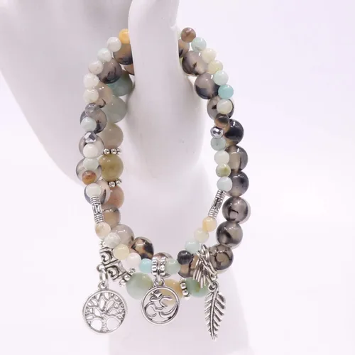 Vista 5 de UEUC Pulseras de piedra curativa de yoga del árbol de la vida, juego de pulseras de reiki de piedra de chakra de loto multicapa, piedra natural