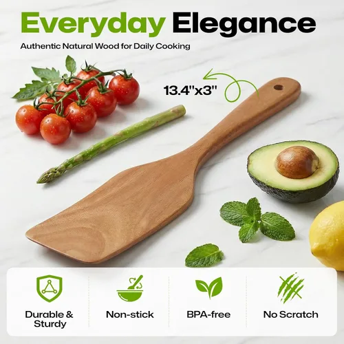 Vista 3 de Espátulas de madera, espátula de cocina plana antiadherente para cocinar, espátula de madera de teca para freír, voltear y girar
