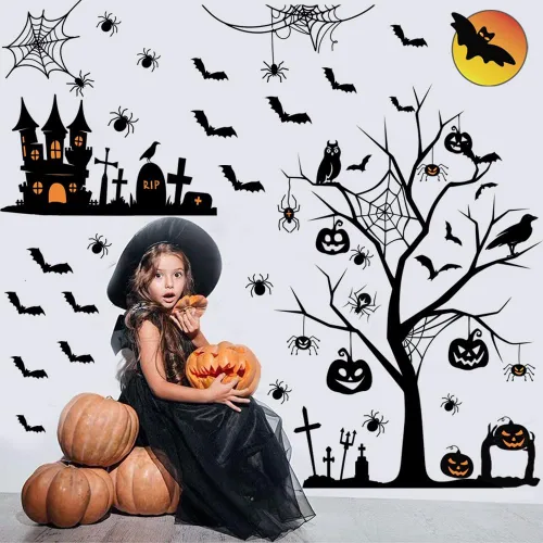 Vista 4 de Calcomanías de pared de Halloween, murciélagos altos para decoración del hogar, arte extraíble para ventanas, suministros de fiesta