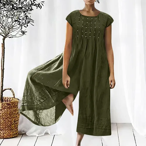 Vista 3 de Traje de verano para mujer, holgado, de algodón, lino, manga corta, sexy, cómodo, bonito jardín