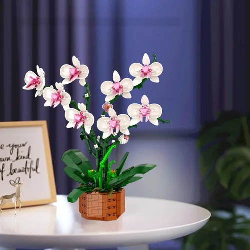 Vista 6 de Bilinott Juego de Bloques de Construcción de Flores de Orquídea, Conjunto de Construcción de Flores Artificiales de Interior para Hogar, Cocina