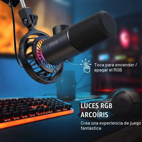 Vista 4 de FIFINE Micrófono USB para juegos, micrófono dinámico RGB para PC, con botón de toque para silenciar, micrófono cardioide Plug & Play con conector