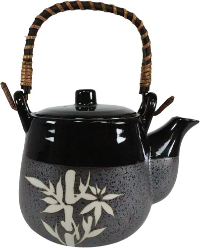 Vista 3 de Ebros - Juego de tetera de porcelana japonesa de bambú de la suerte negra y carbón, 20 onzas, sirve para 4 invitados con mango de madera de bambú