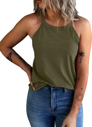 Vista 11 de KINLONSAIR - Camisetas sin mangas de verano para mujer con cuello redondo, estilo halter, para entrenamiento, casual, de tirantes, básicas A16_salmón