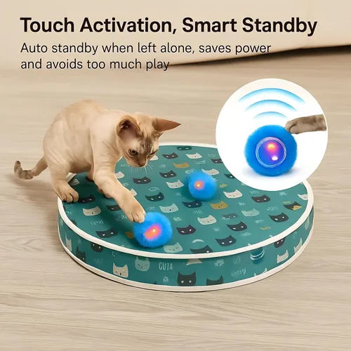 Vista 5 de Juguetes interactivos para gatos, tapete de juego con bolas de movimiento automático, luces LED, sonido de canto de pájaro, 3 niveles de velocidad