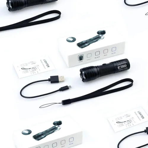Vista 8 de Encendedor de doble arco impermeable al aire libre con linterna LED brillante USB recargable de plasma de arco encendedor a prueba de viento sin