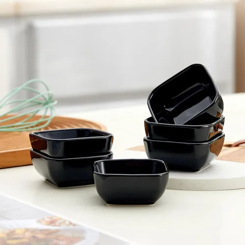 Vista 3 de Juego de cuencos de cerámica de 6,3 onzas de porcelana pequeños pequeños platos cuadrados para salsa de soja, buenos para salsa de tomate, soja