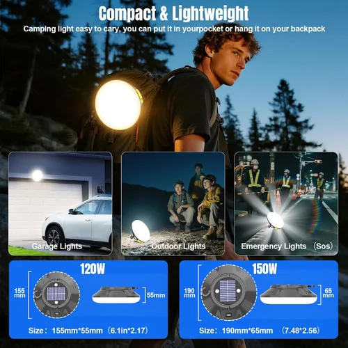 Vista 7 de Linterna LED solar portátil de 16000 mAh, 26000 lm, luz recargable de 150 W con imán, linterna, luces impermeables IPX66 para tienda de campaña