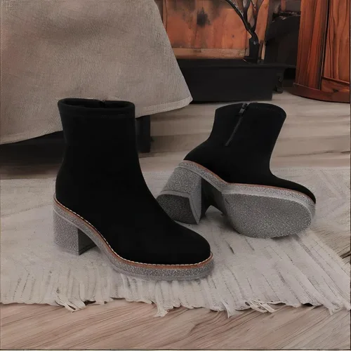 Vista 8 de JABASIC Botas de tobillo para mujer, tacón bajo, tacón grueso, botas de vestir con cremallera lateral