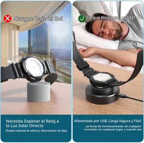 Vista 7 de Cargador de reloj solar, temporizador de apagado de 8H con hombres, mujeres y 3 tapas cuadradas, luz UV LED, carga rápida, relojes Eco Drive Negro