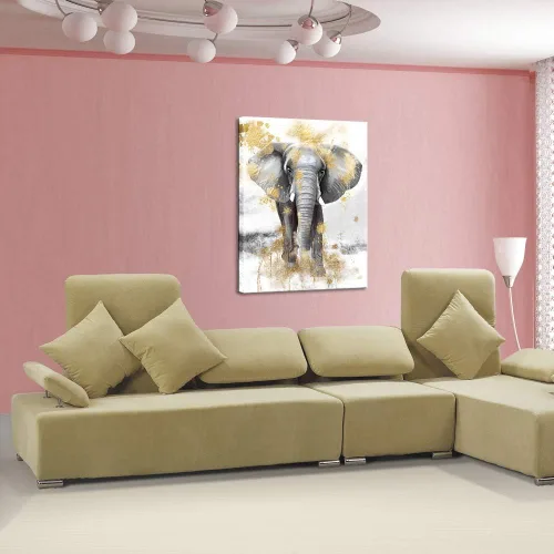 Vista 4 de sechars Cuadro moderno de animales para pared, pintura de elefante dorado y gris, impresiones en lienzo, arte contemporáneo para sala de estar