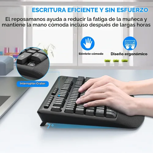 Vista 3 de Combo de teclado y mouse inalámbricos, E-YOOSO 2.4GHz, teclado inalámbrico ergonómico de tamaño completo con reposa muñecas, mouse USB inalámbrico