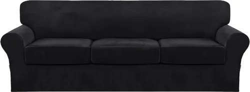 Vista 22 de FantasDecor Fundas de terciopelo para sofá de 2 piezas para sala, con cojín individual, protector elástico de muebles para mascotas, lavable a Negro