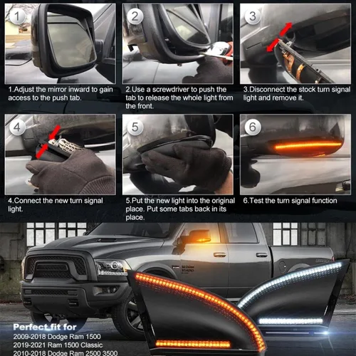 Vista 9 de Para Dodge Ram 1500 2009-2018, Ram 2500 3500 2010-2018 Espejo lateral Señal de giro blanco DRL Luz de remolque Asamblea Blinker Puddle Lamp Lente