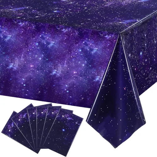 Vista 9 de Tatuo 1 paquete de mantel rectangular de plástico con galaxia, estrella espacial, nebulosa morada, desechable, cielo nocturno estrellado