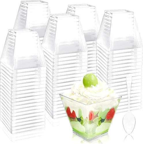 Vista 9 de Jnnzzggu 50 piezas de tazas de postre cuadradas de plástico mini, tazas de aperitivo de parfait de 3.5 oz de plástico transparente para postres