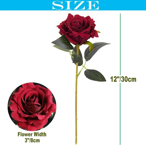 Vista 2 de 12 rosas artificiales de terciopelo de 12 pulgadas con tallo y hojas, flores aterciopeladas para decoración del hogar, centro de mesa, suministro