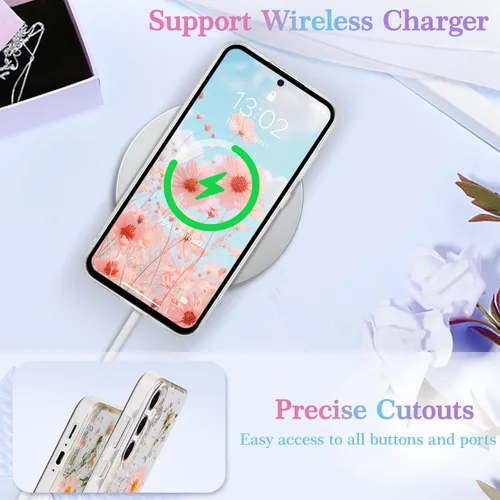 Vista 5 de EYZUTAK Funda para Samsung Galaxy A15 4G/5G, Bling Glitter Lentejuelas Hecho a Mano Hoja De Flor Seca Real Funda Estética Transparente Embedded