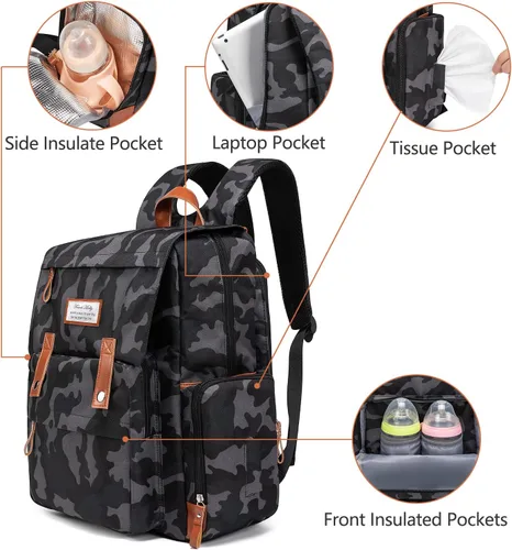 Vista 2 de Frank Mully Bolsa de pañales Mochila grande multifunción de viaje para mamá papá camuflaje