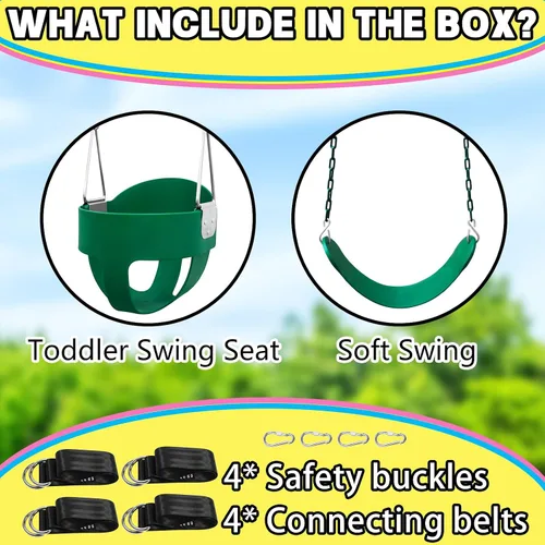 Vista 2 de Juego de columpio para niños pequeños para exteriores - Asiento de respaldo alto con cubo completo con 4 correas colgantes y ganchos para niños