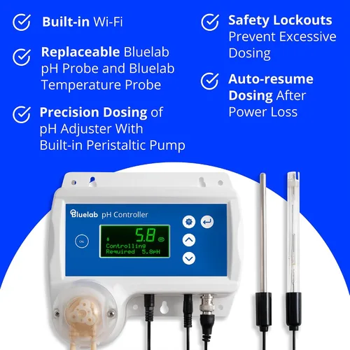 Vista 3 de Controlador de pH Bluelab Wi-Fi con monitoreo del reservorio 24/7 para pH con dosificación automatizada de nutrientes, integración Edenic, sondas