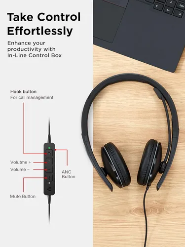 Vista 7 de Auriculares con cable Lenovo con cancelación activa de ruido (ANC), conectividad USB-C y USB-A, Certificado para Zoom, Cancelación activa de ruido