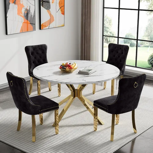 Vista 38 de Juego de 5 mesas de comedor, juego de mesa de cocina y comedor para 4, mesa de cocina rectangular de mármol sintético blanco de 47 pulgadas con base
