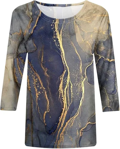 Vista 5 de Lindas camisetas de manga 34 para mujer, estilo casual, para el verano 2023, camisetas básicas de moda, blusa gráfica con estampado de mármol