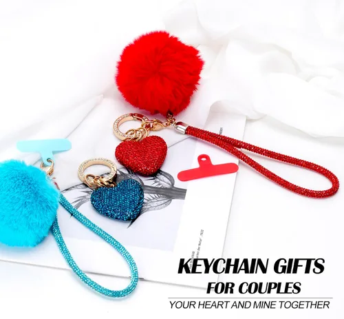 Vista 6 de Lindos llaveros de corazón para mujer, accesorios de llavero para mujer, llavero femenino para llaves de automóvil, mochila con pompón