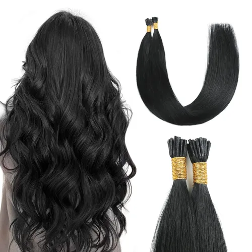 Vista 16 de Sunya - Extensiones de cabello humano con punta en I de 14 pulgadas, color negro azabache, extensiones de cabello humano con punta en I, extensiones