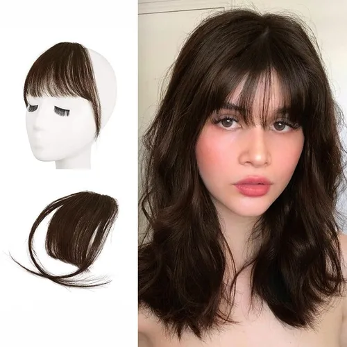 Vista 13 de BARSDAR Flequillo postizo de pelo humano real - Flequillo postizo 100% pelo humano para mujeres - Extensiones de flequillo ondulado castaño rojizo