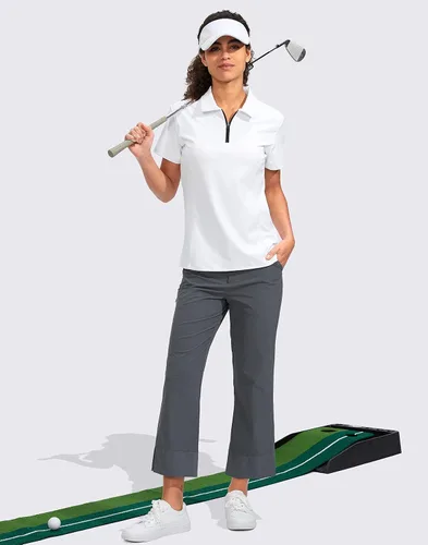 Vista 6 de Viodia Camisa de golf para mujer, manga corta, con cremallera, de secado rápido, elástica, con cuello de tenis, ropa de golf